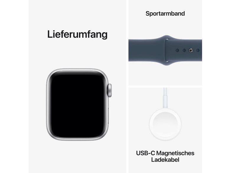 Apple Watch SE (2023), 40 mm, Aluminium silber, Sportarmband sturmblau, M/L