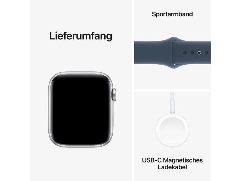 Apple Watch SE (2023), GPS & Cell., 44 mm, Alu. silber, Sportb. sturmblau, S/M