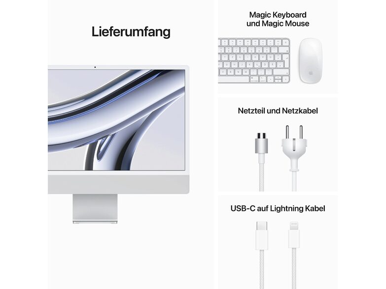Apple iMac 24", M3 8-Core CPU, 8-Core GPU, 8 GB RAM, 256 GB SSD, silber