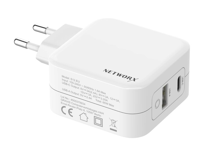 Networx 2-Port-Netzteil, f. MacBook 13", USB-C PD 65W/USB-A 12W, GaN, weiß